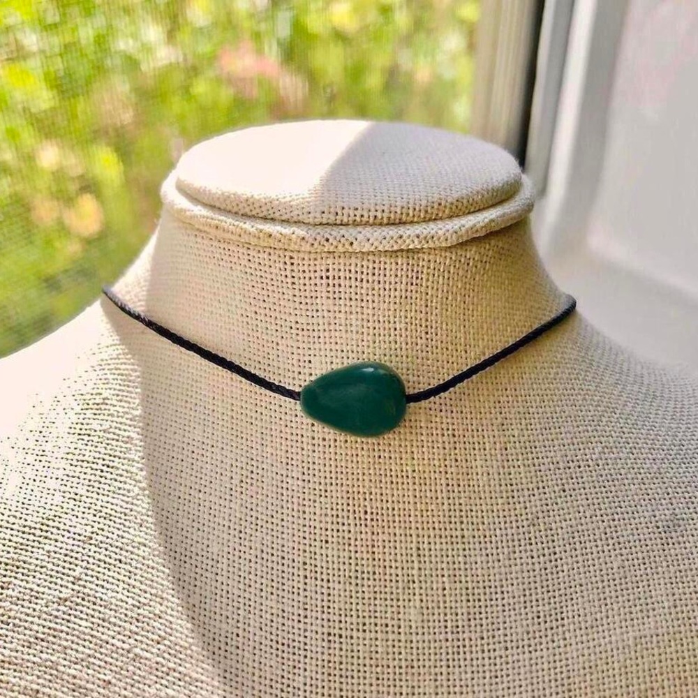 Dainty Dark Green Indian Agate Teardrop Boho Necklace/Choker